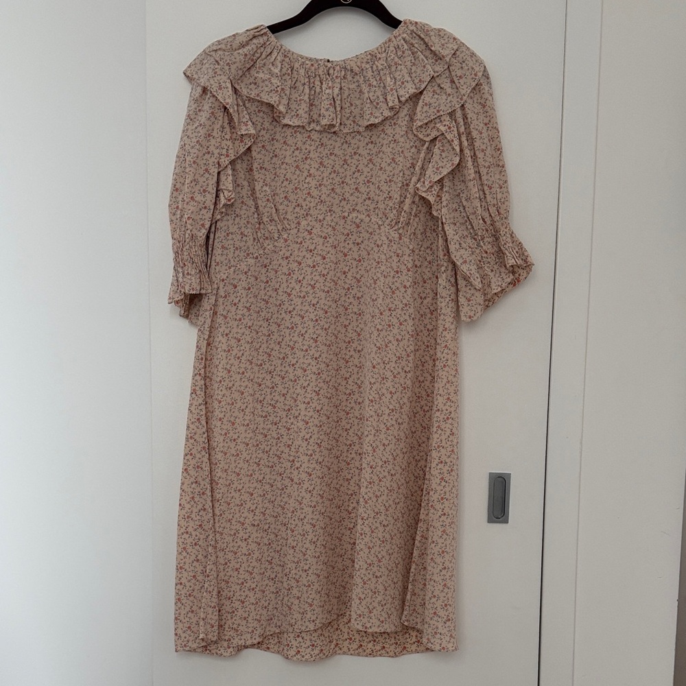 Doen Baudoin Silk Floral Ruffle Dress in Peach Martha’s Garden Pink Large EUC